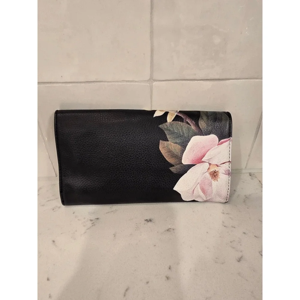 Ted Baker London Black Magnolia Floral Jewelry Roll Travel Organizer Case